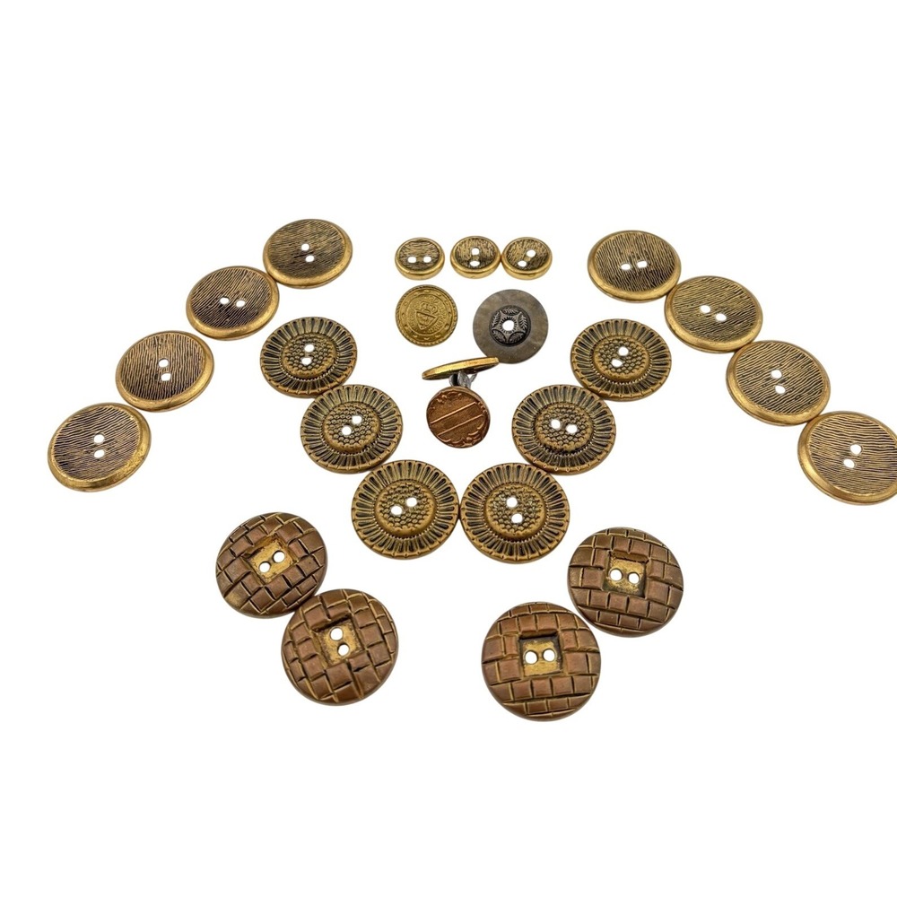 Vintage Brass Button Lot – Etched, Textured‎ & Crest Designs in Bronze Tones, 24